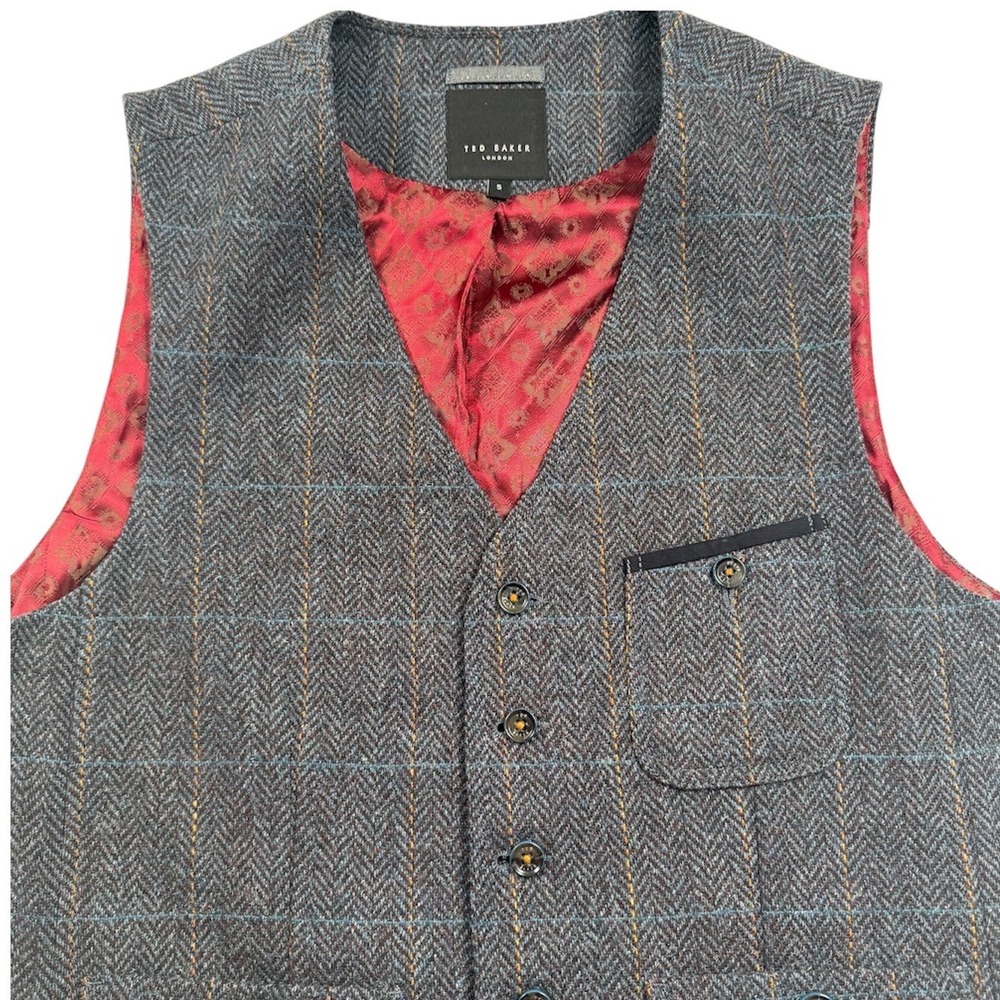 Ted Baker Waistcoat Vest Mens 5 Blue Grey Herringbone Windowpane Wool XL